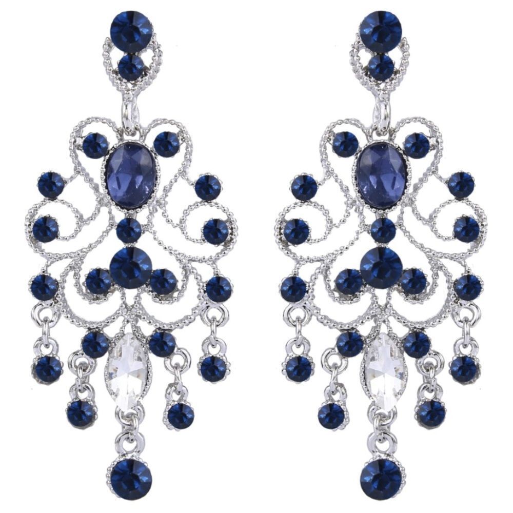 Silver with Blue Sapphire Austrian Crystal Banquet Chandelier Post Back Earrings